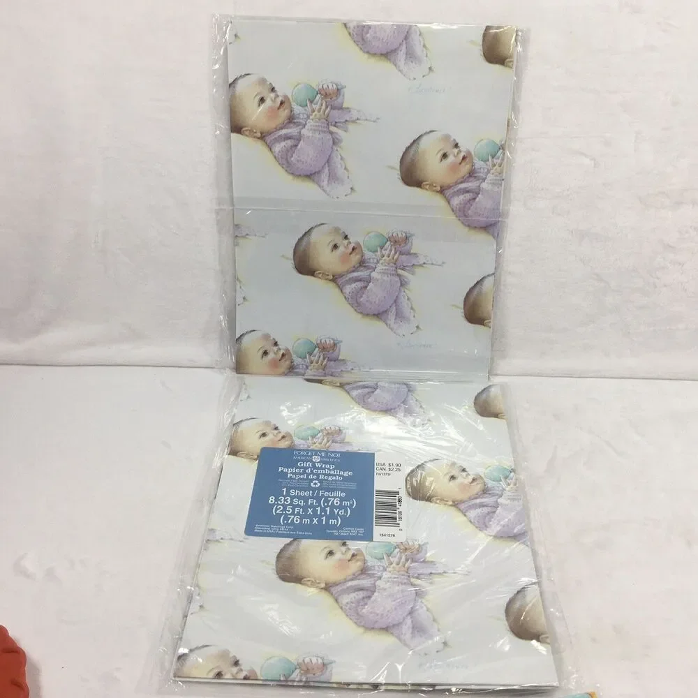Vintage Baby Gift Wrap American Greetings 2 Giant Sheets Sealed Shower Rattle